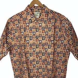 Travelsmith Mens Size Large Cotton Lawn Hawaiian Camp Shirt Tropical Tapa Print